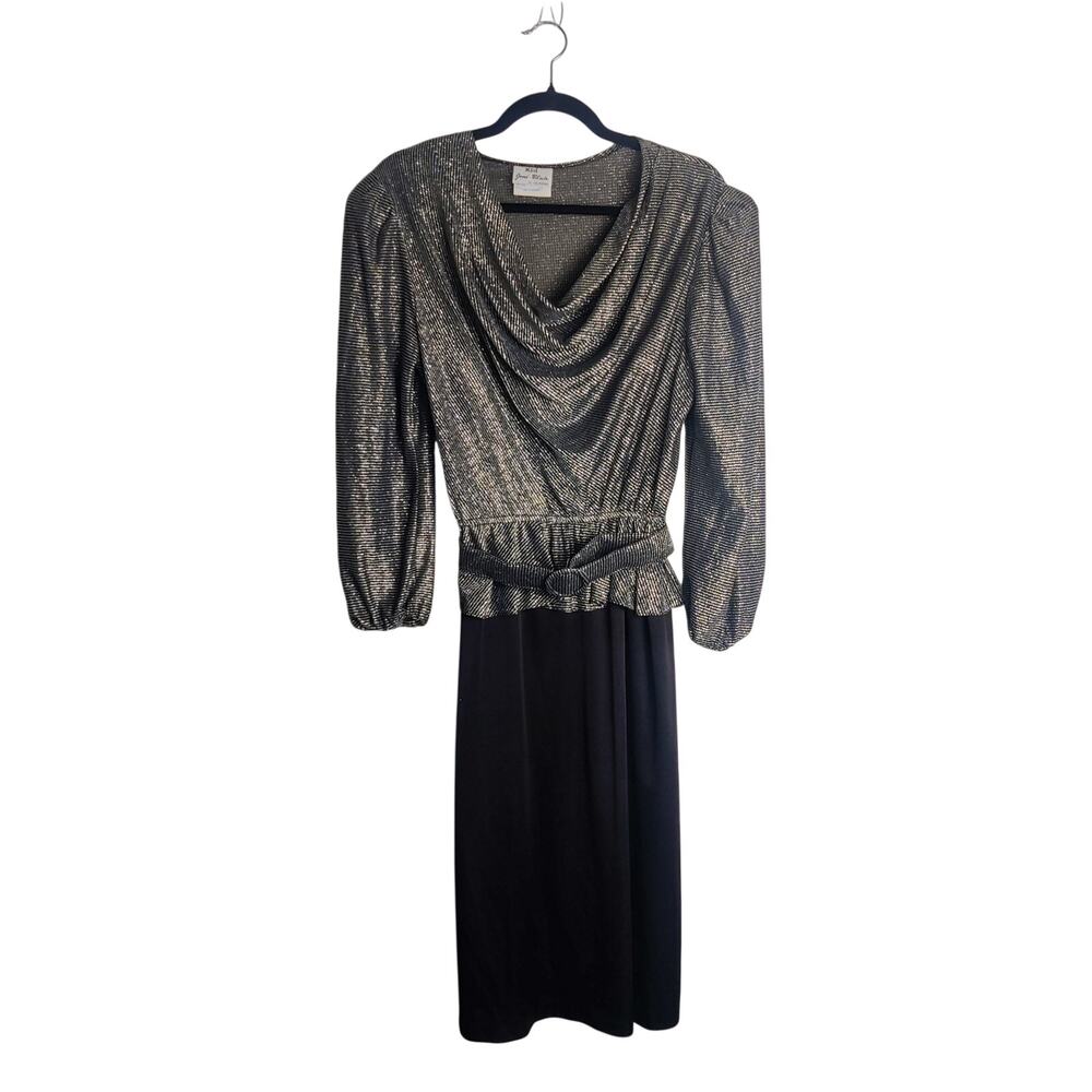 Vtg 80s Joni Blair of California Silver Metallic Drape Neck Disco Party Dress 13